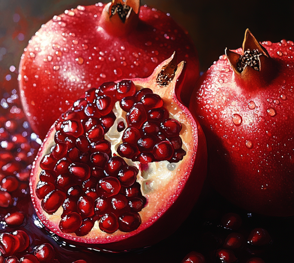 fresh pomegranate, highlighting its rich red seeds and health benefits, including essential nutrients that support overall and heart health.