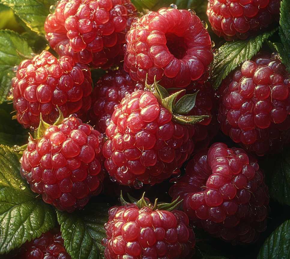 Close-up of fresh raspberries with water droplets, highlighting the benefits of raspberries, including fibre, antioxidants, and vitamins that support weight loss and a healthy lifestyle.
